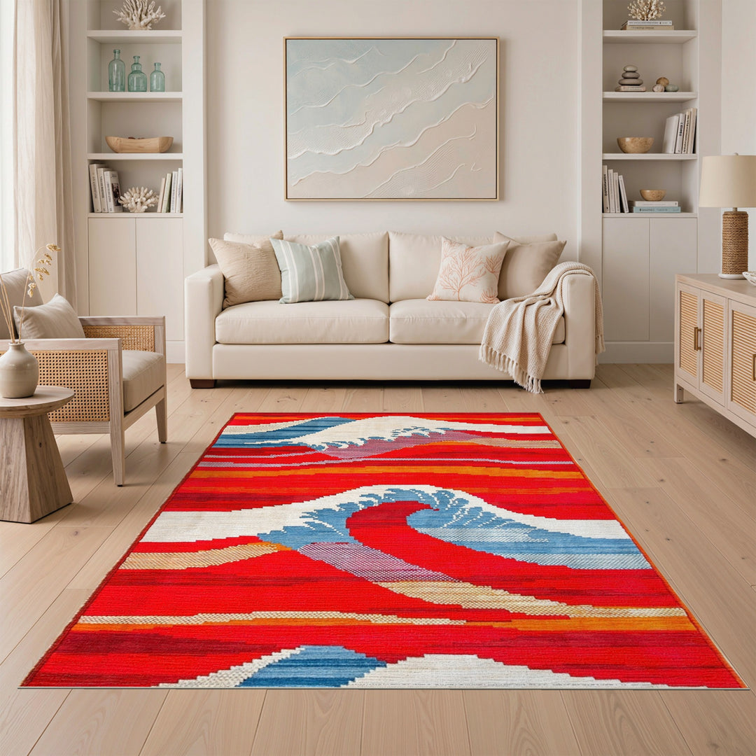 Abstract Area Red Vibrant Red Wave Abstract Area Rug