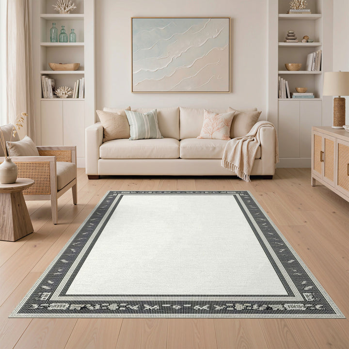 Black White Heritage Tribal Border Area Rug