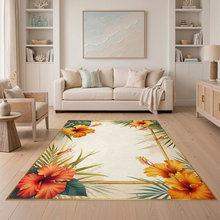 Orange Hibiscus Palm Border Area Rug