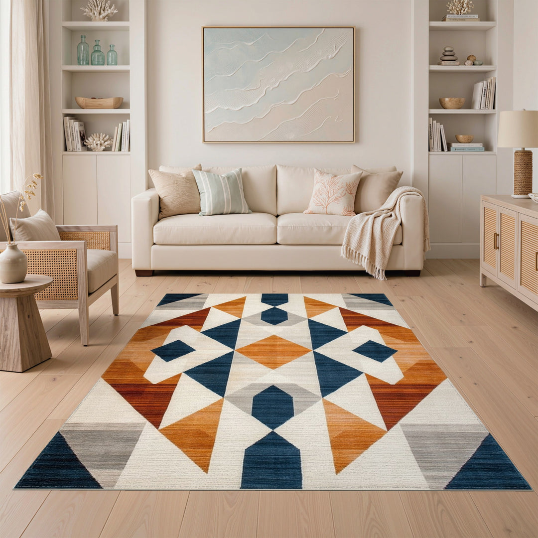 Navy Geometric Diamond Area Rug with Orange Accents