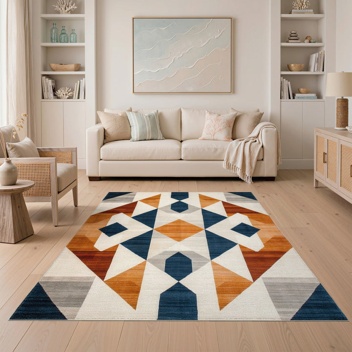Navy Geometric Diamond Area Rug with Orange Accents