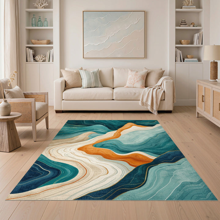 Teal Wave Abstract Area Rug