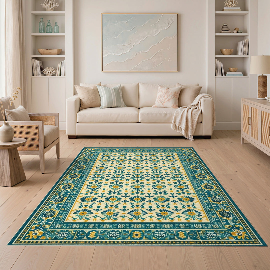 Teal Floral Vintage Area Rug