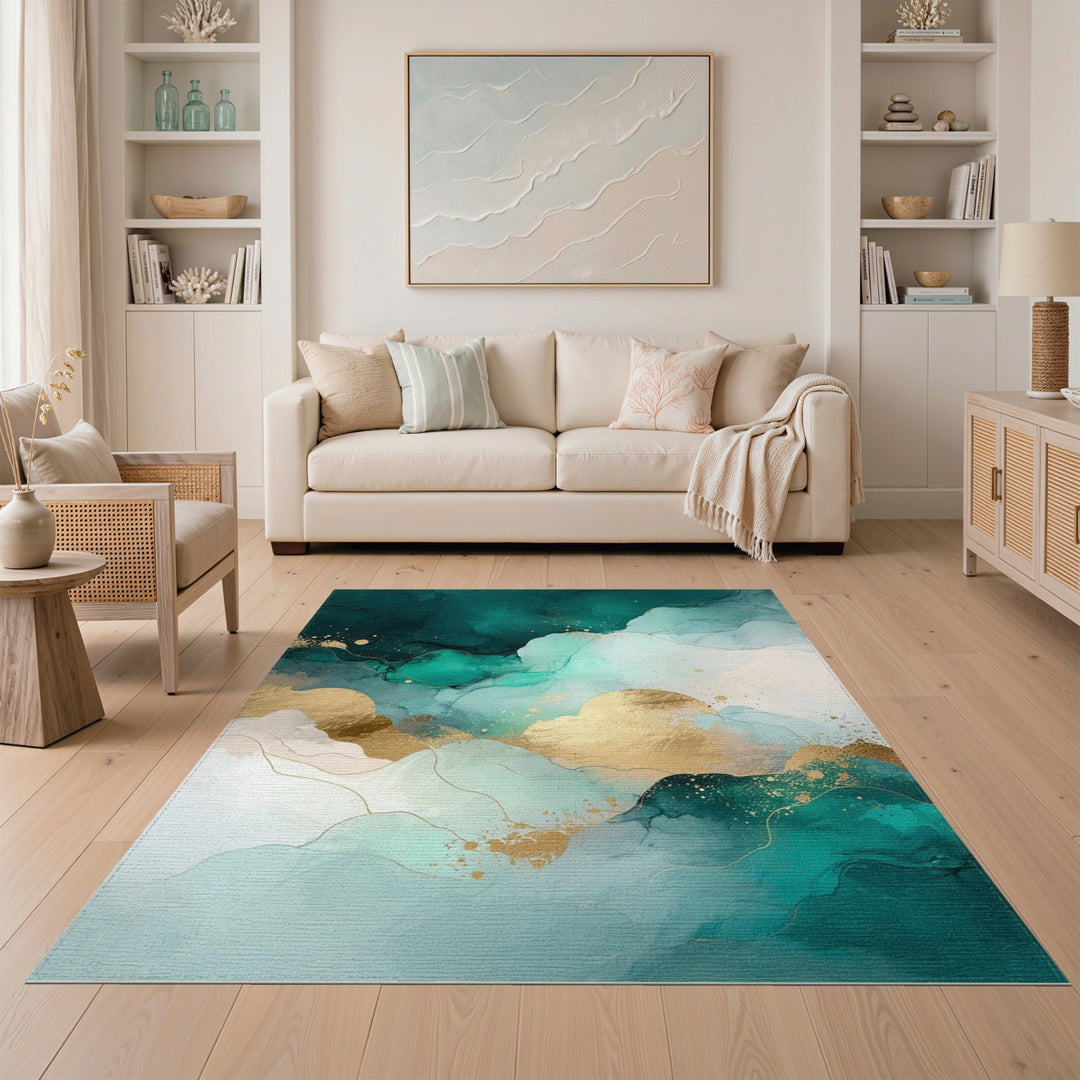 Teal and Gold Abstract Wave Area Rug
