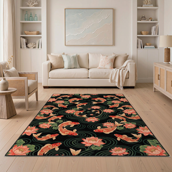 Koi Fish Lotus Black Area Rug