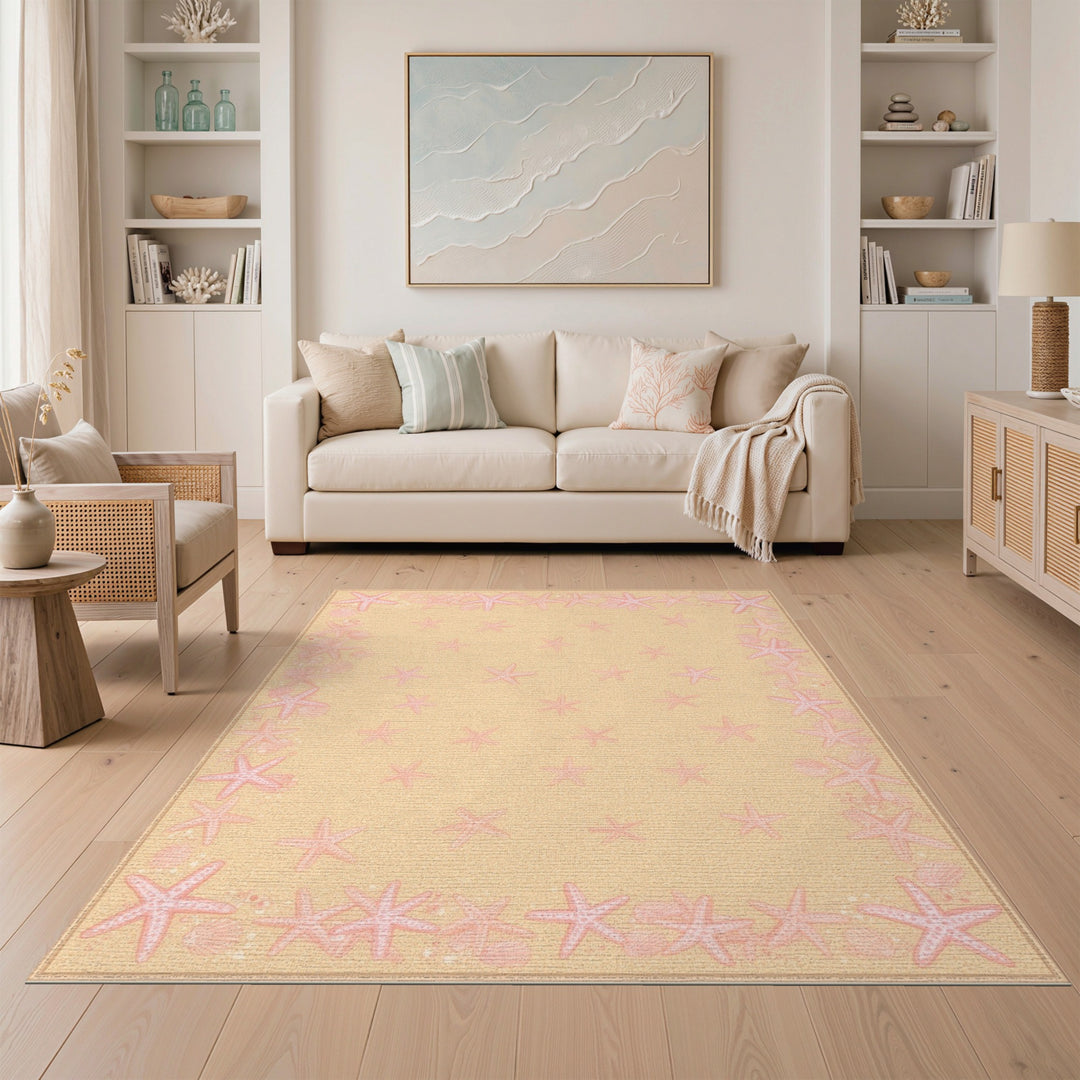 Pink Starfish Beige Coastal Area Rug