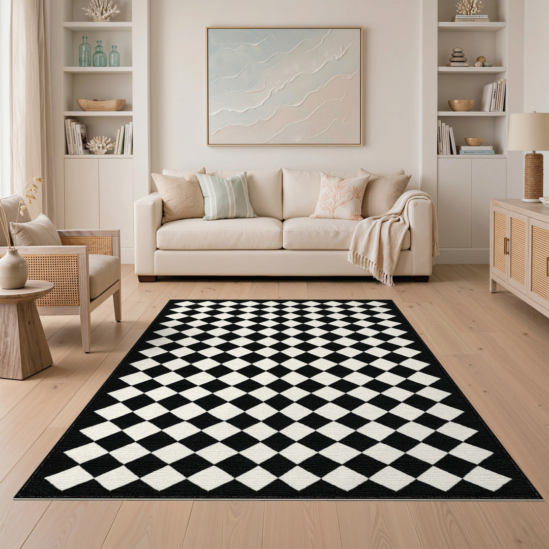 Black and White Diamond Checkered Area Rug