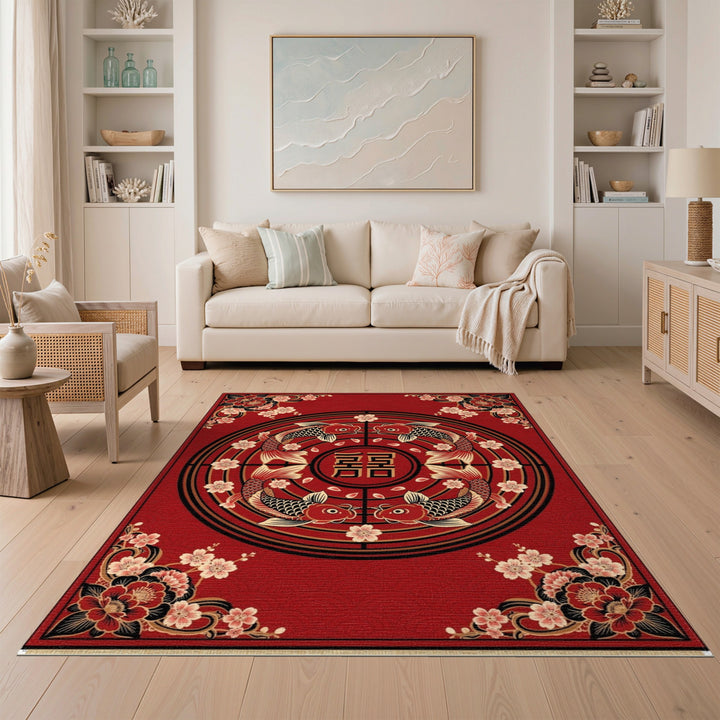 Red Koi Fish Cherry Blossom Area Rug