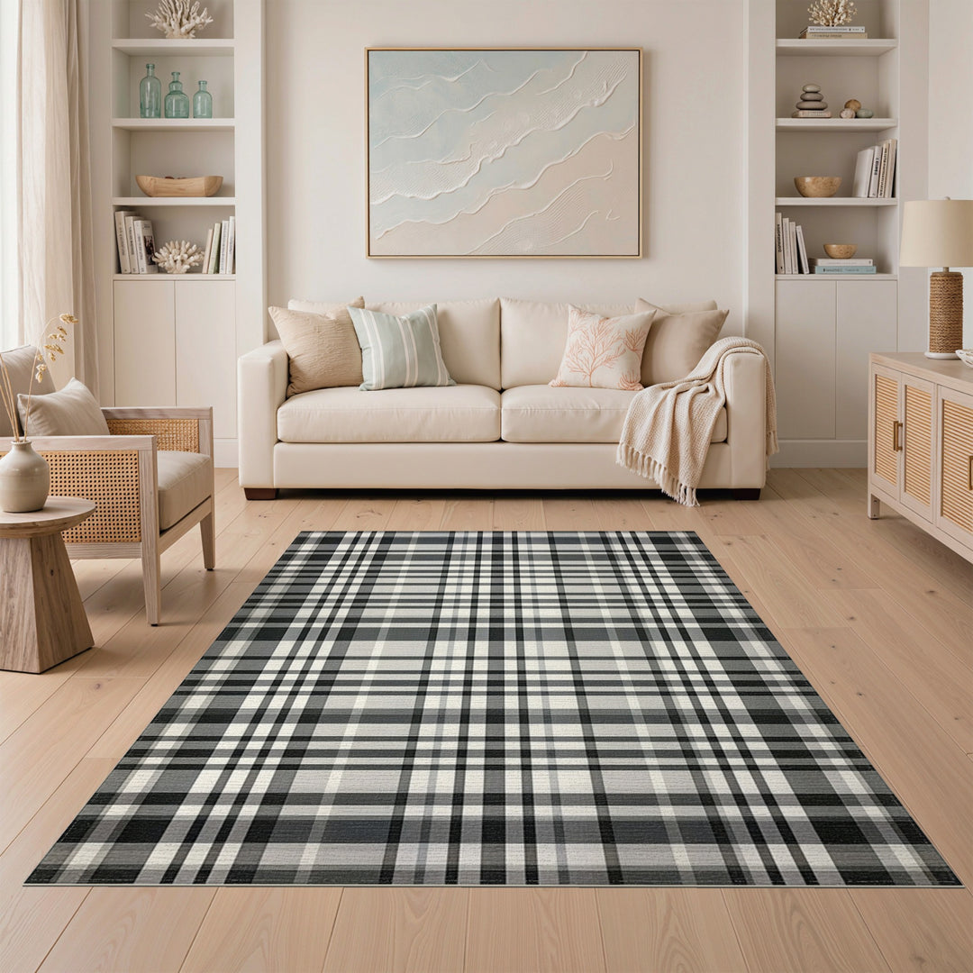 Black and White Black White Plaid Washable Area Rug