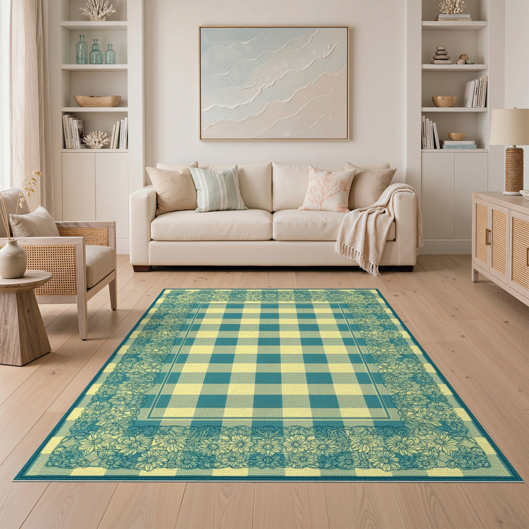 Teal Floral Gingham Washable Area Rug