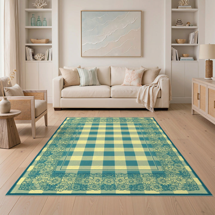 Teal Floral Gingham Washable Area Rug