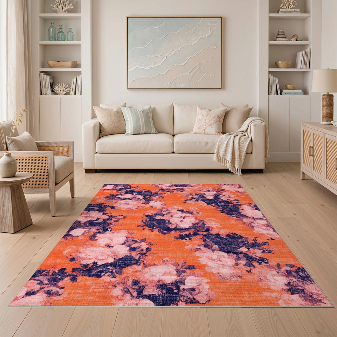 Vintage Orange Floral Washable Area Rug