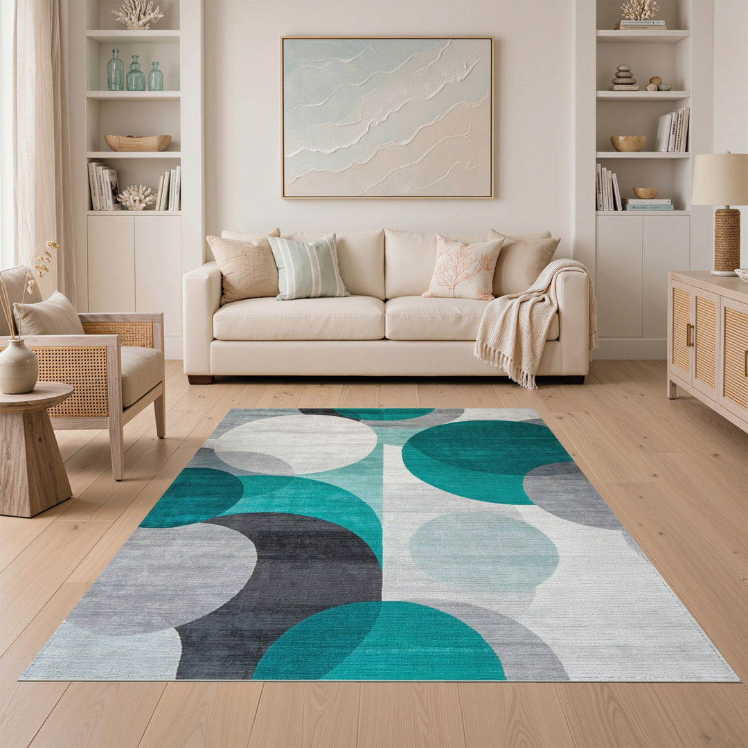 Modern Teal Overlapping Circles Area Rug