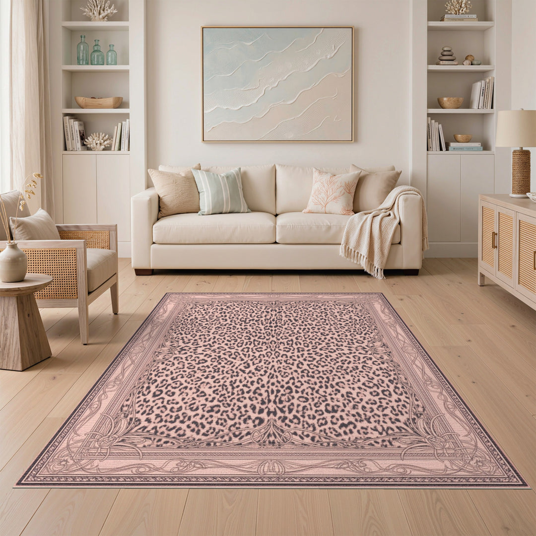 Pink Leopard Area Rug with Ornate Border