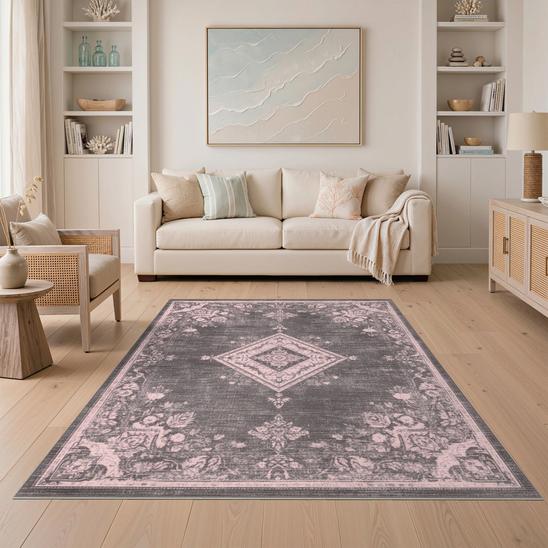 Grey Distressed Vintage Floral Diamond Area Rug