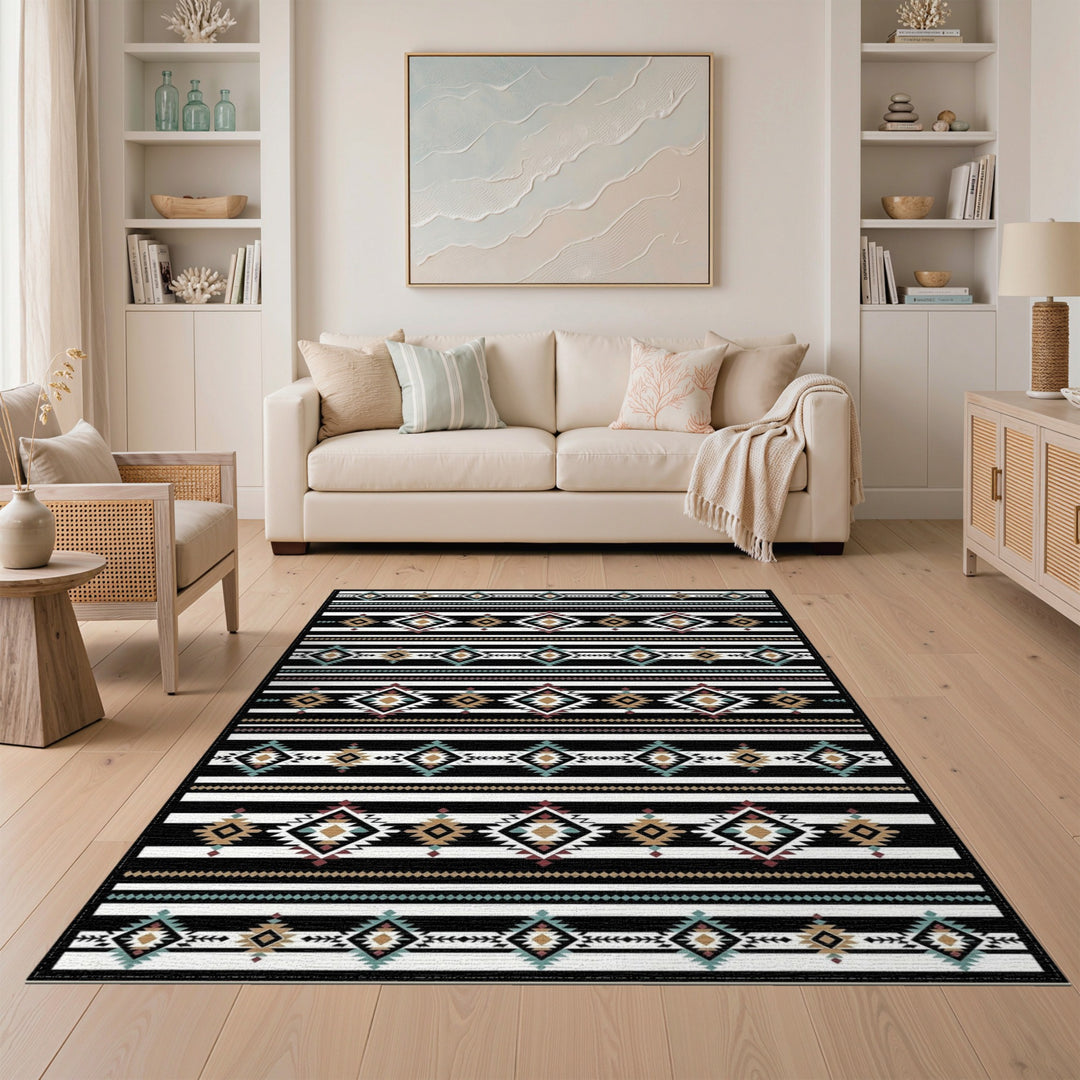Black White Heritage Tribal Area Rug
