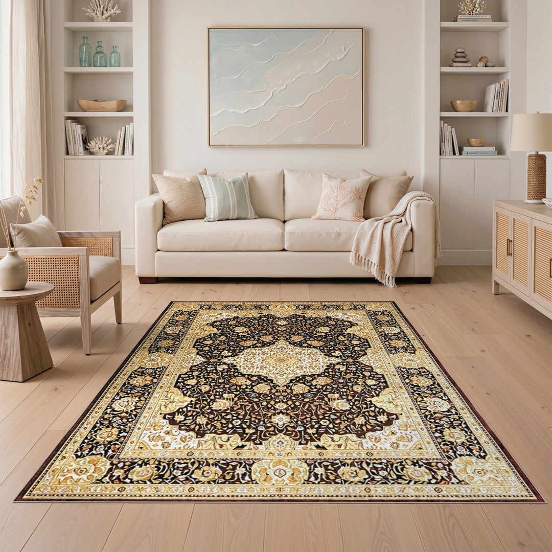 Black Ivory Persian Floral Medallion Rug