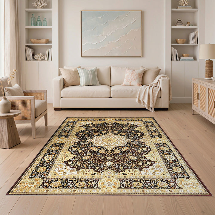 Black Ivory Persian Floral Medallion Rug