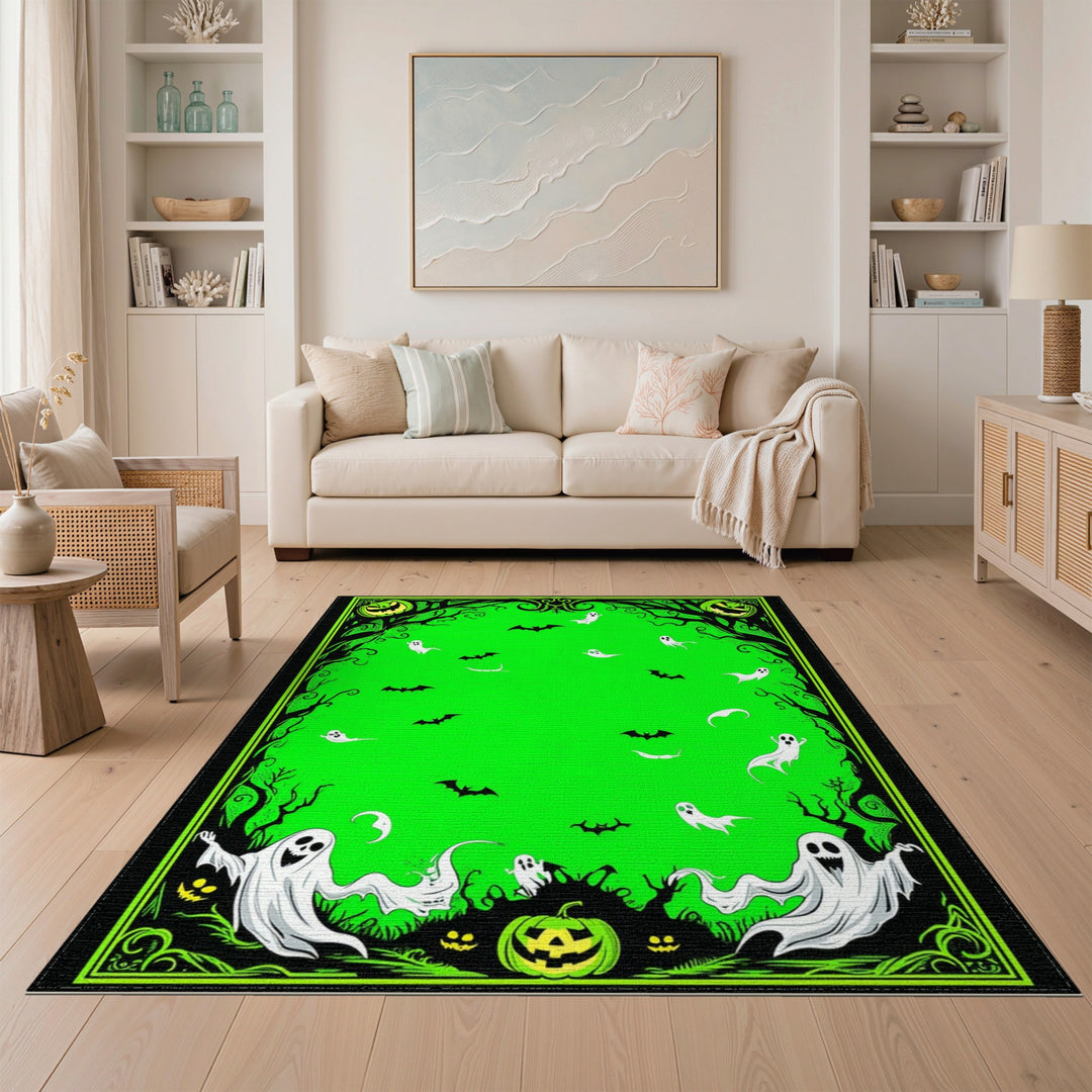 Green Halloween Ghosts and Bats Area Rug