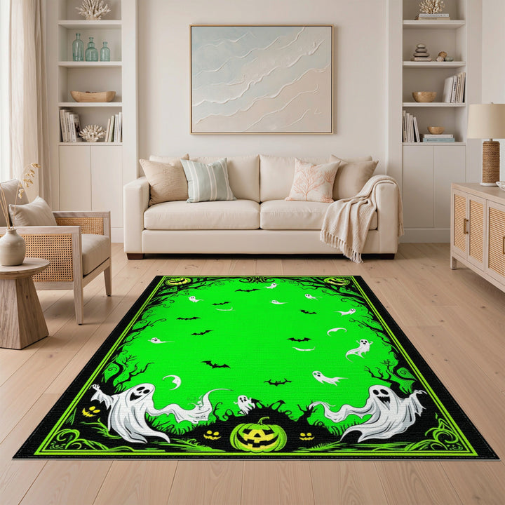 Green Halloween Ghosts and Bats Area Rug