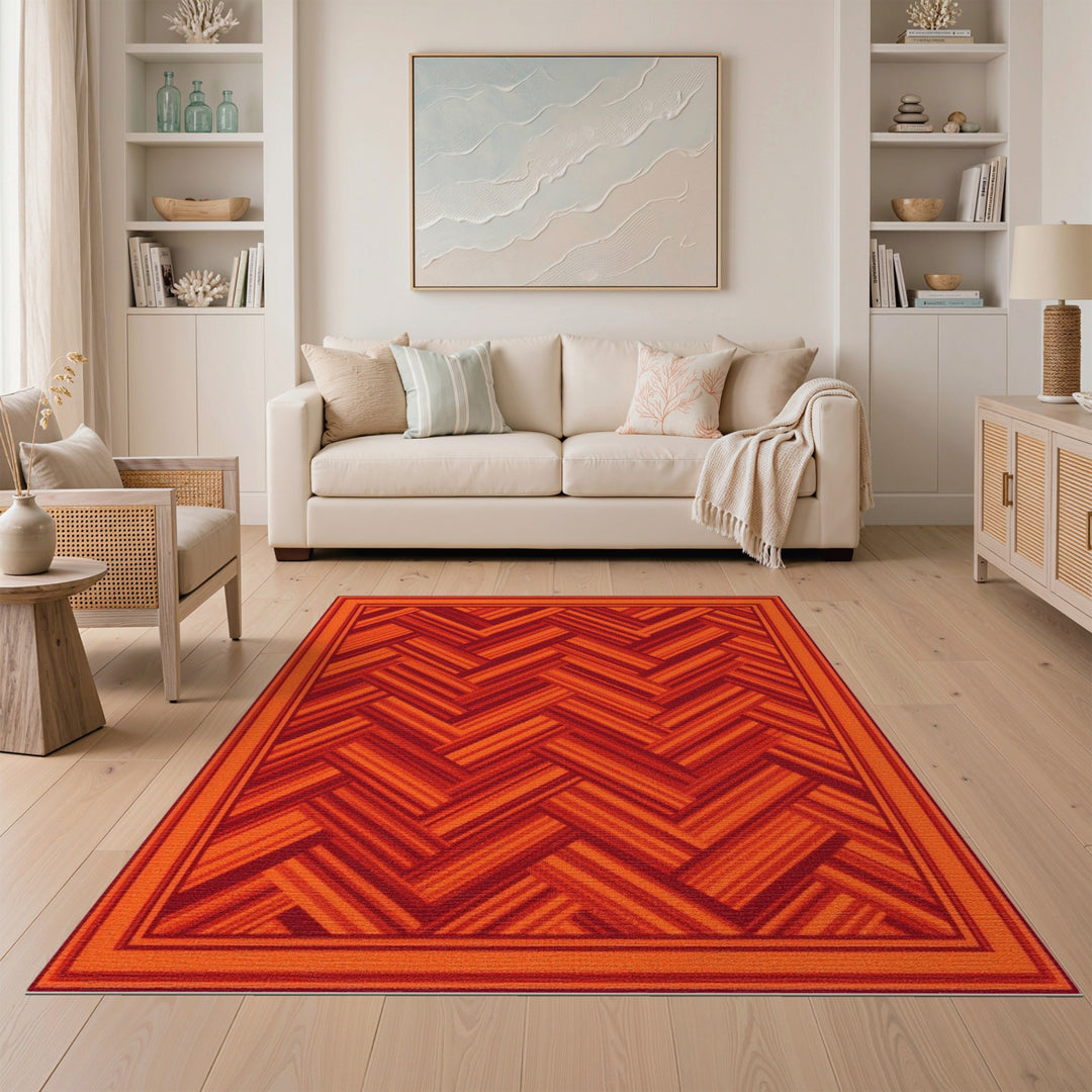 Red Herringbone Geometric Area Rug