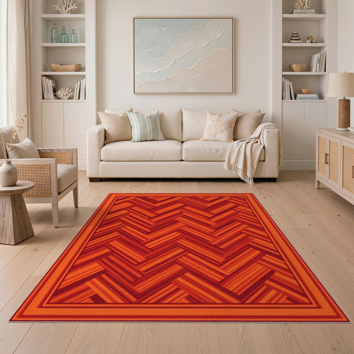 Red Herringbone Geometric Area Rug