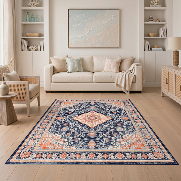 Navy Blue Distressed Vintage Medallion Area Rug