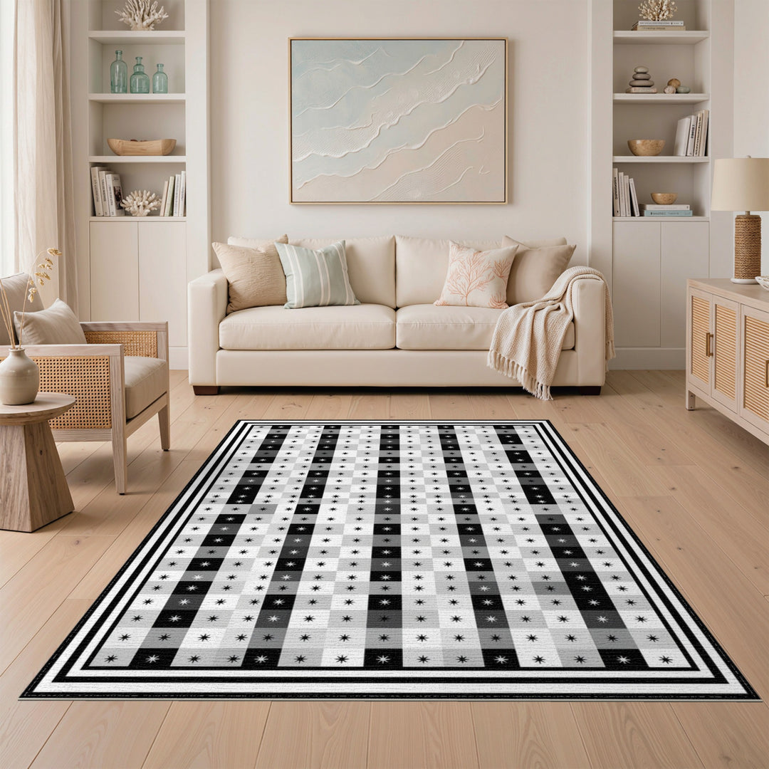 Black White Star Checkered Area Rug