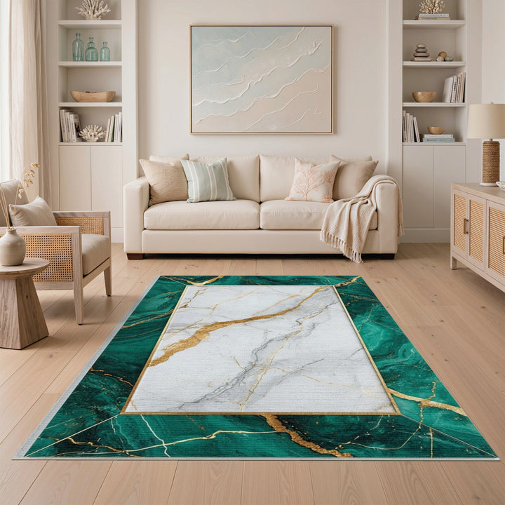 Luxury Green Marble Gold Frame Area Rug