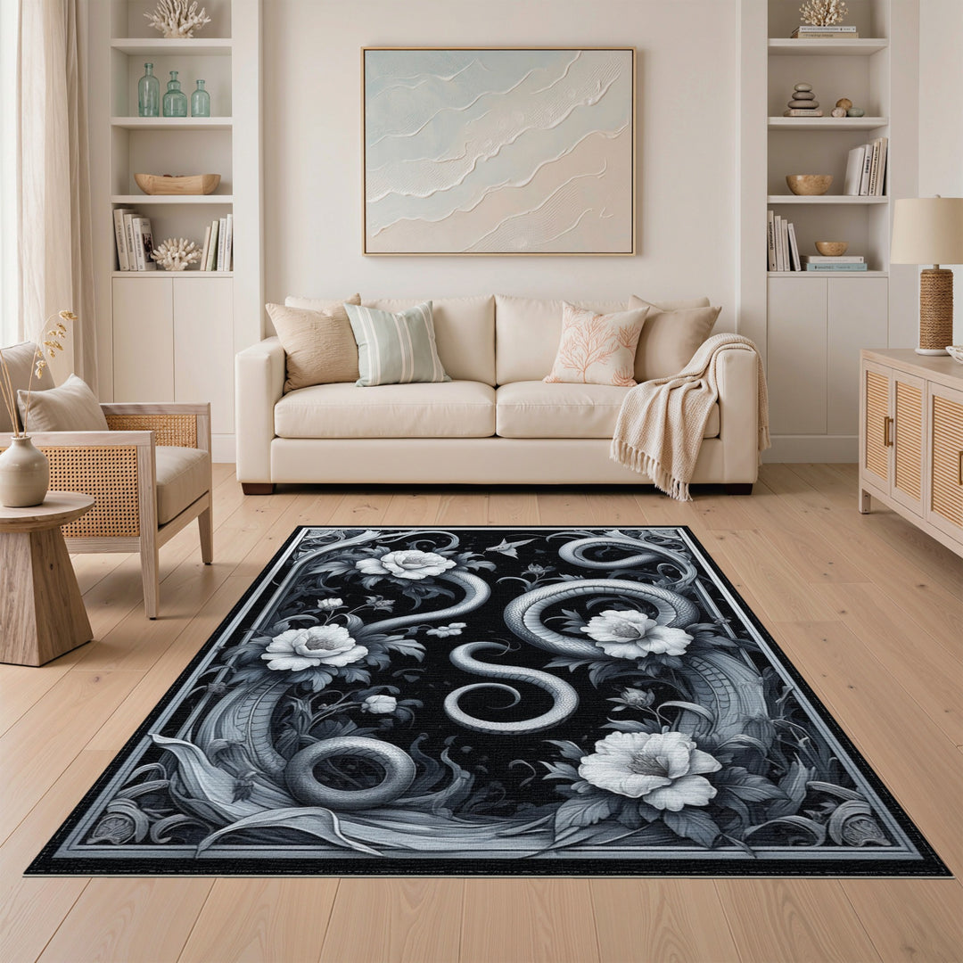 Black White Serpent Floral Area Rug