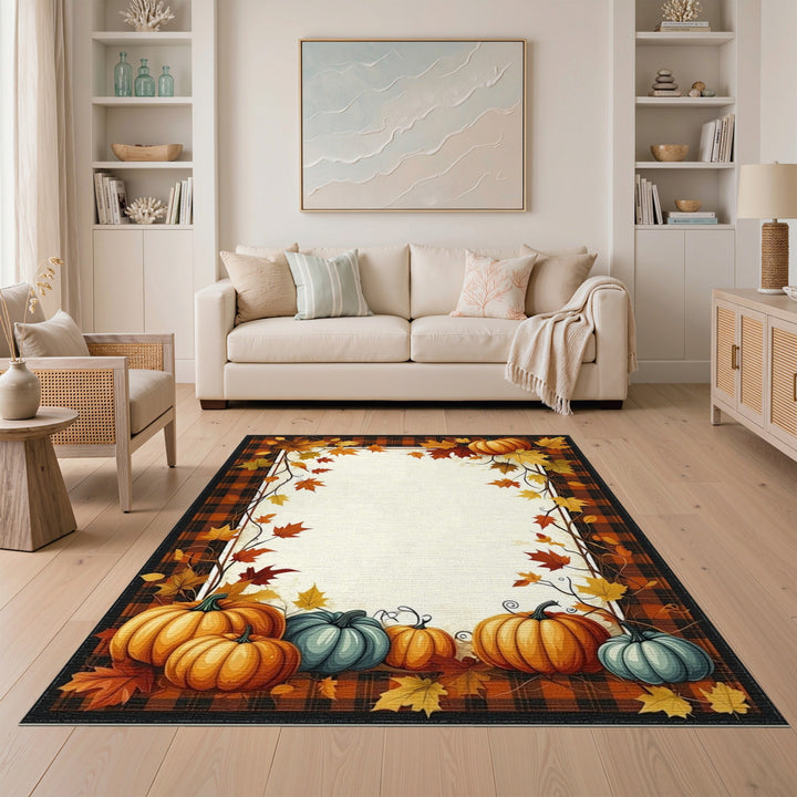 Autumn Pumpkin Plaid Washable Area Rug