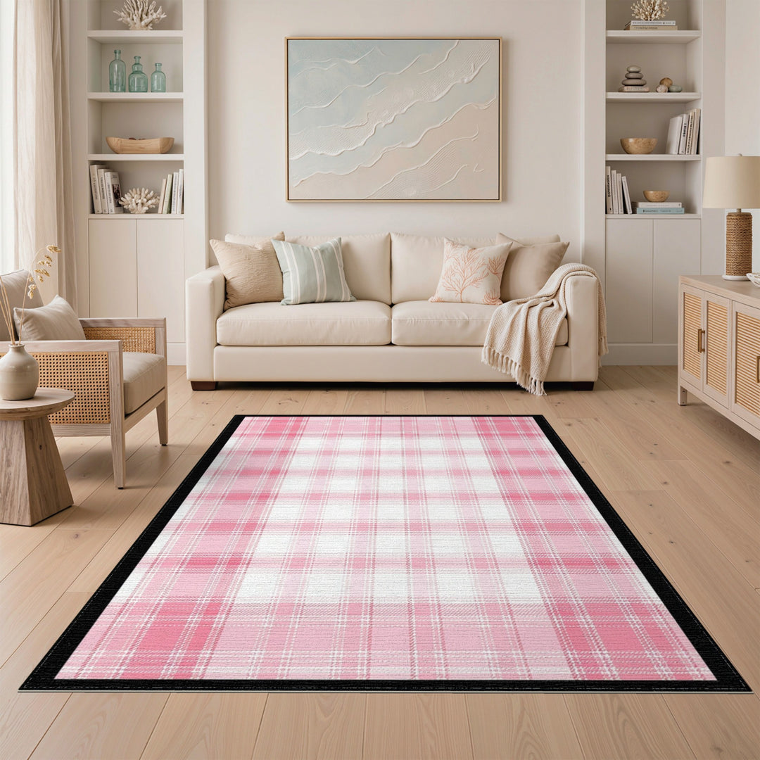 Pink Plaid Washable Pink Area Rug