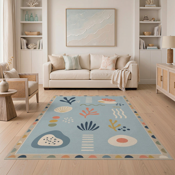 Coastal Blue Coral Shell Area Rug