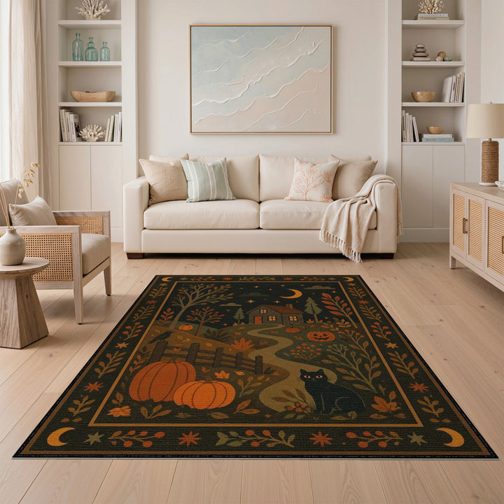 Washable Rustic Farmhouse Pumpkin Cat Area Rug