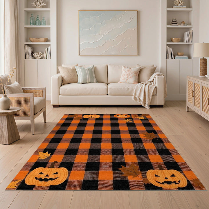 Rustic Farmhouse Orange Buffalo Check Pumpkin Area Rug