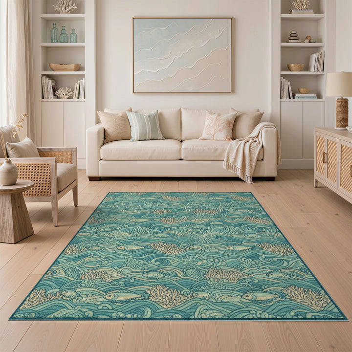 Teal Coastal Waves Fish Area Rug