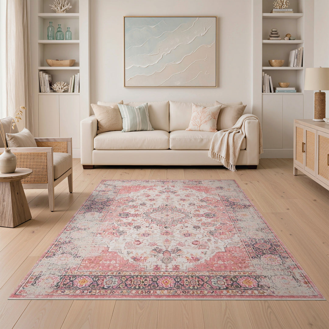 Pink Distressed Vintage Floral Area Rug
