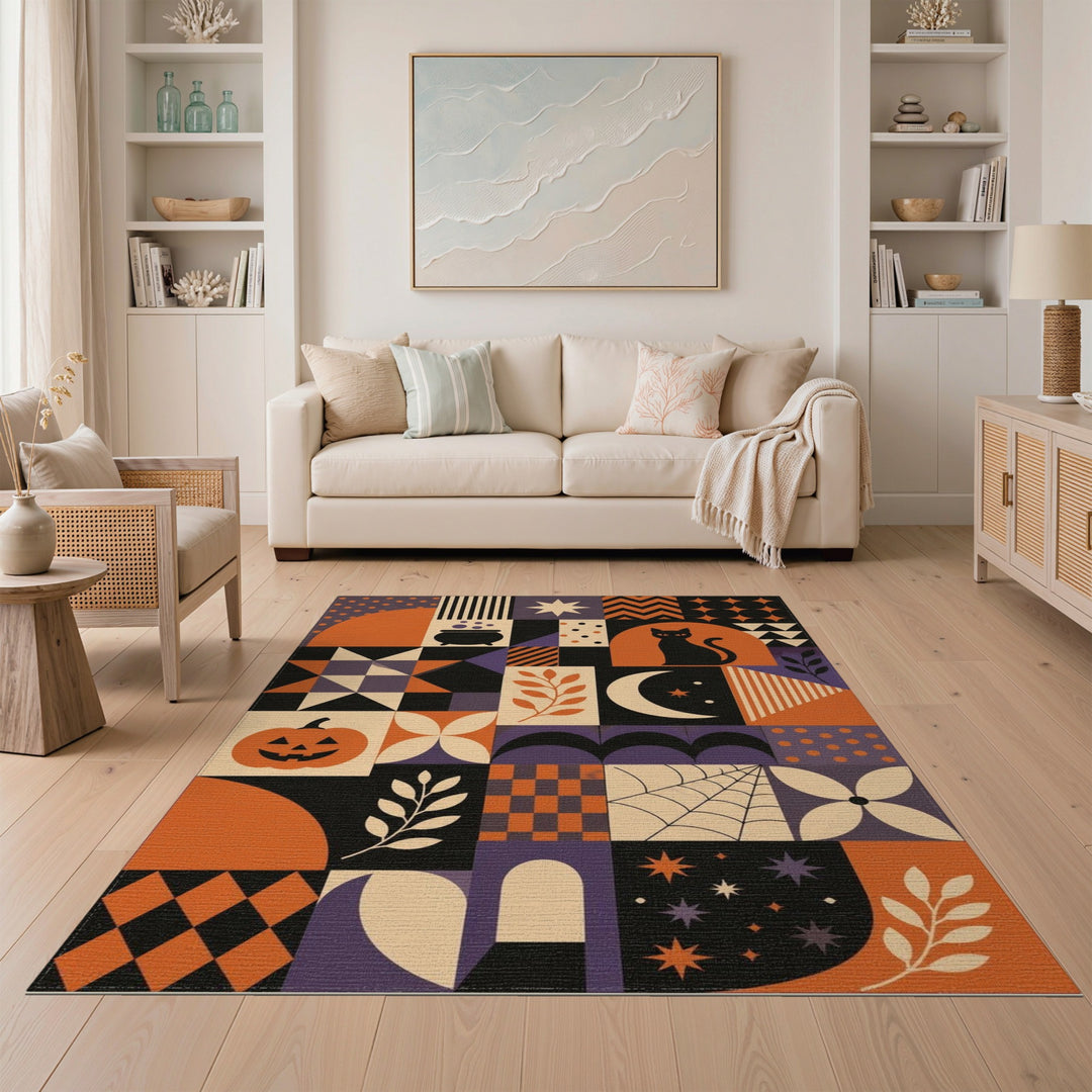Halloween Geometric Area Rug with Pumpkins and Cats