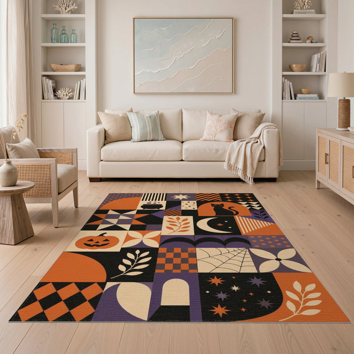 Halloween Geometric Area Rug with Pumpkins and Cats