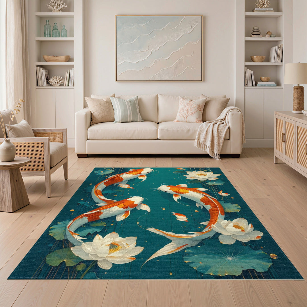 Koi Lotus Teal Washable Area Rug