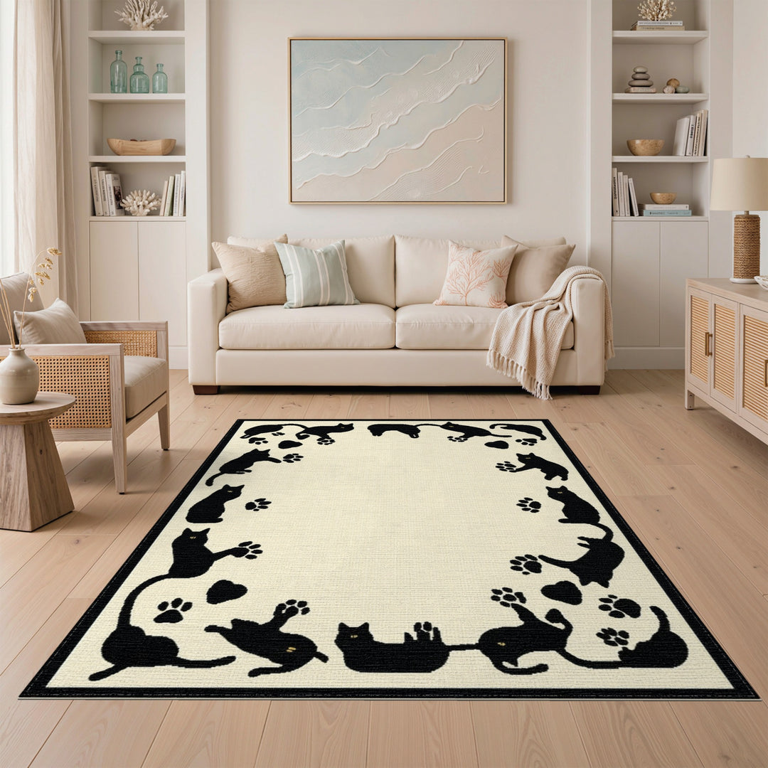 Black Cat Paw Print Washable Area Rug
