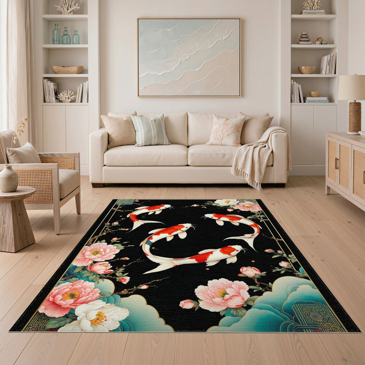 Koi Fish Peony Black Area Rug