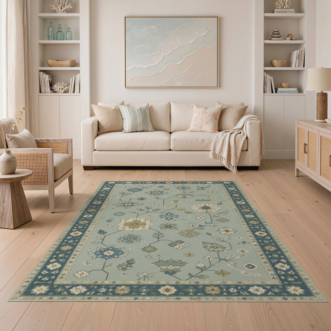 Blue Teal Floral Vintage Area Rug
