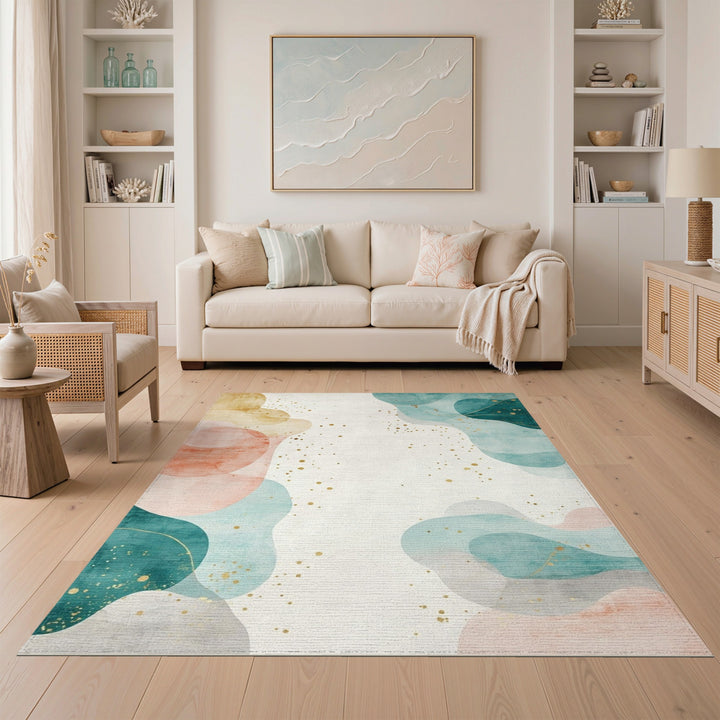 Abstract Teal Coral Washable Area Rug