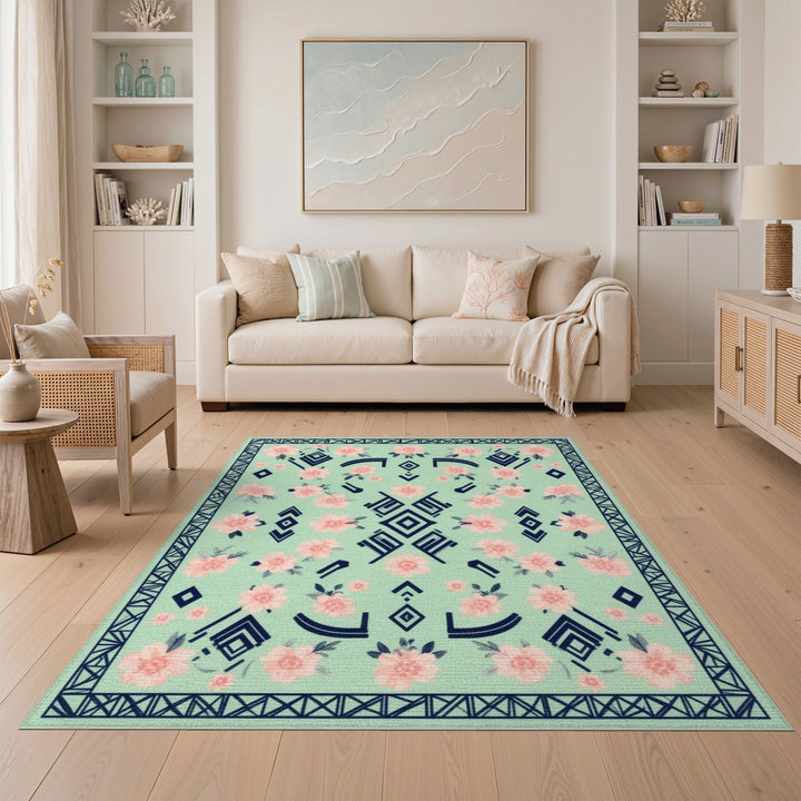 Mint Green Floral Geometric Area Rug