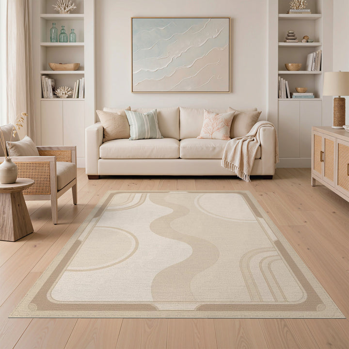 Beige and Neutral Wave Beige Neutral Abstract Wave Area Rug