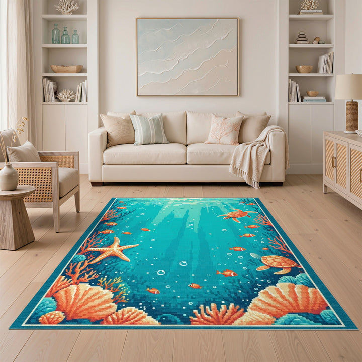 Sea Turtle Blue Teal Washable Area Rug