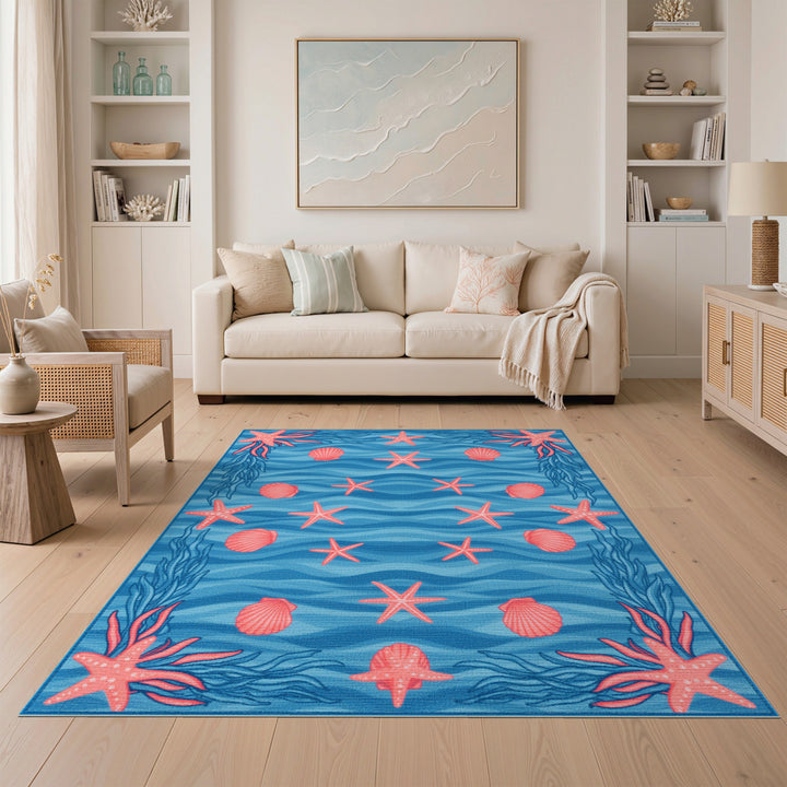 Blue Starfish Coastal Washable Area Rug