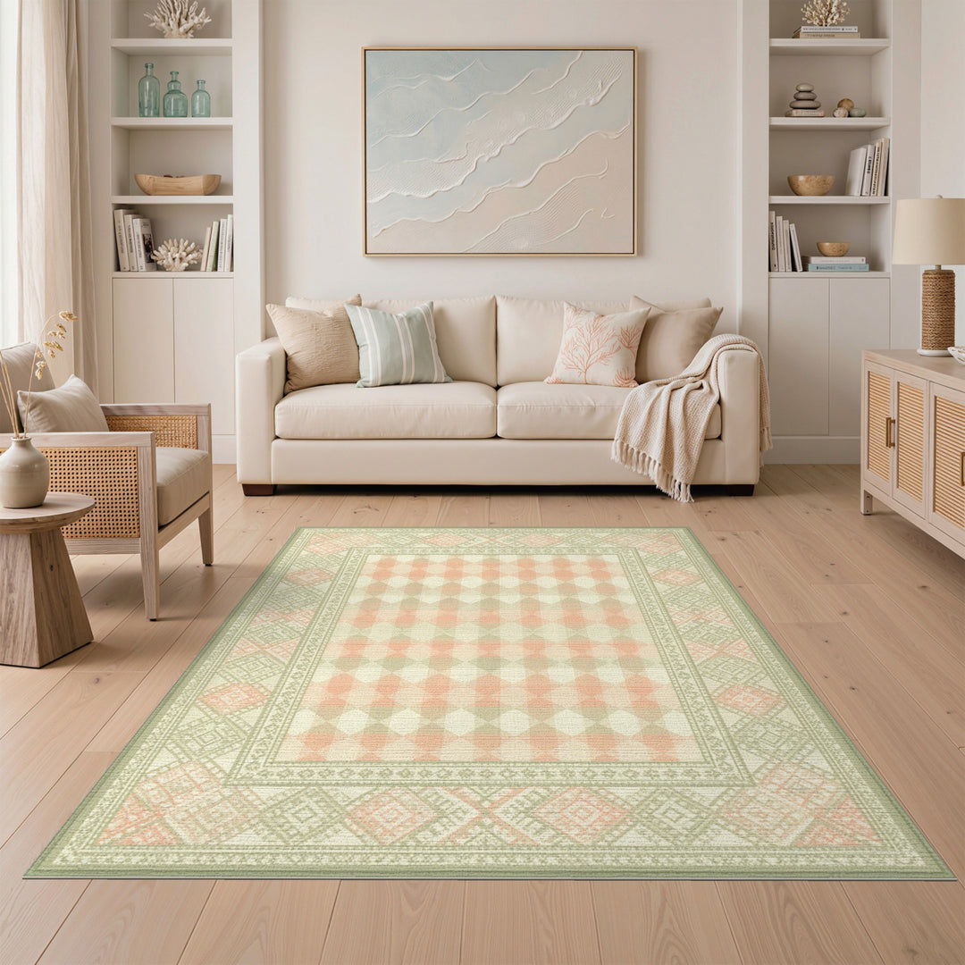 Coral Gingham Border Area Rug