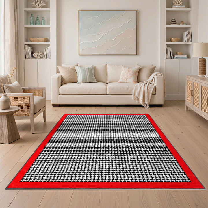 Black White Houndstooth Rug with Red Border